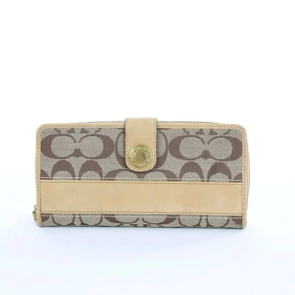 Coach Signature Stripe Checkbook Wallet Beige Brown Canvas Snap Closure